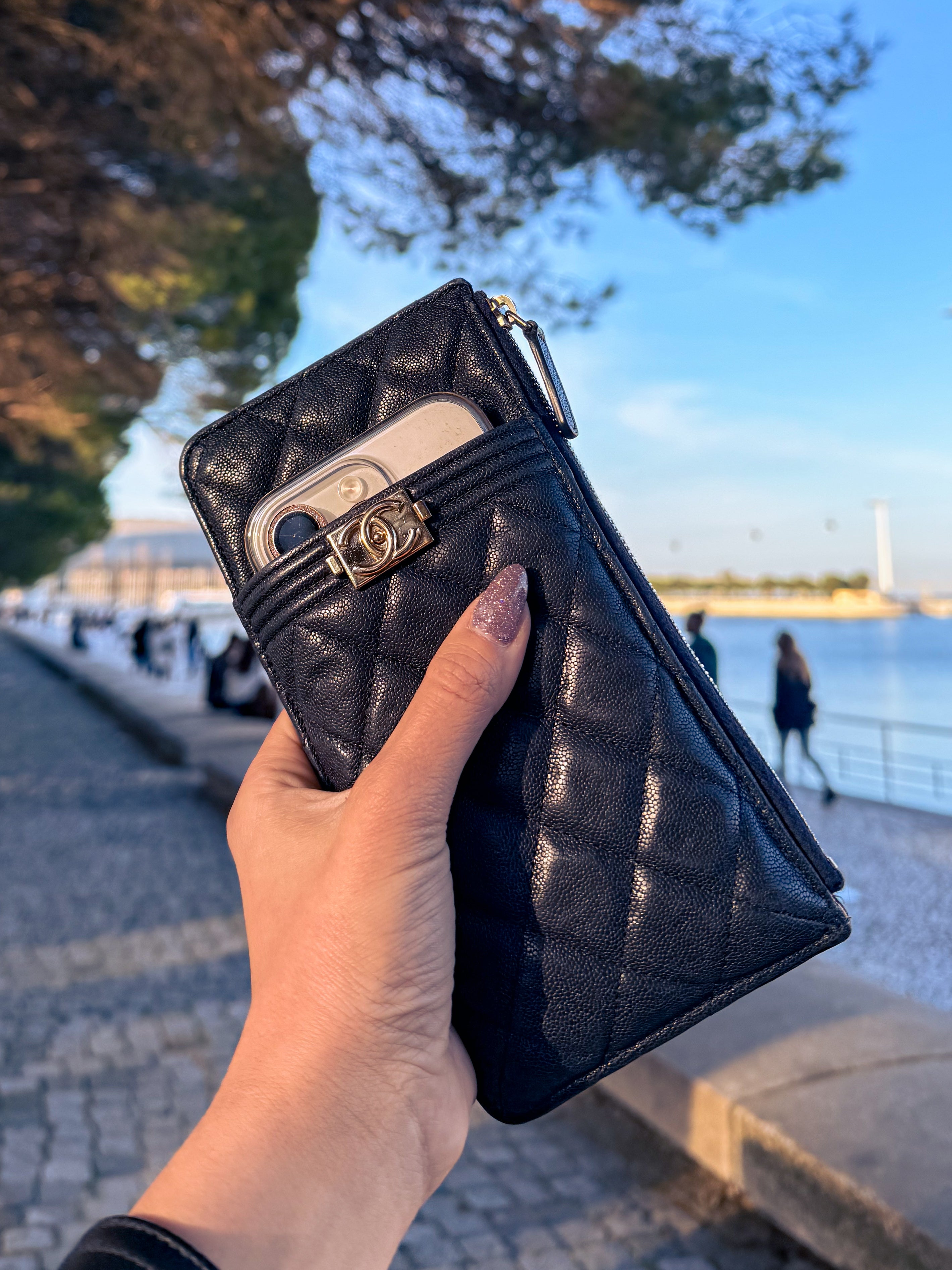 Chanel Boy Wallet – Navy Caviar Leather – Golden Hardware