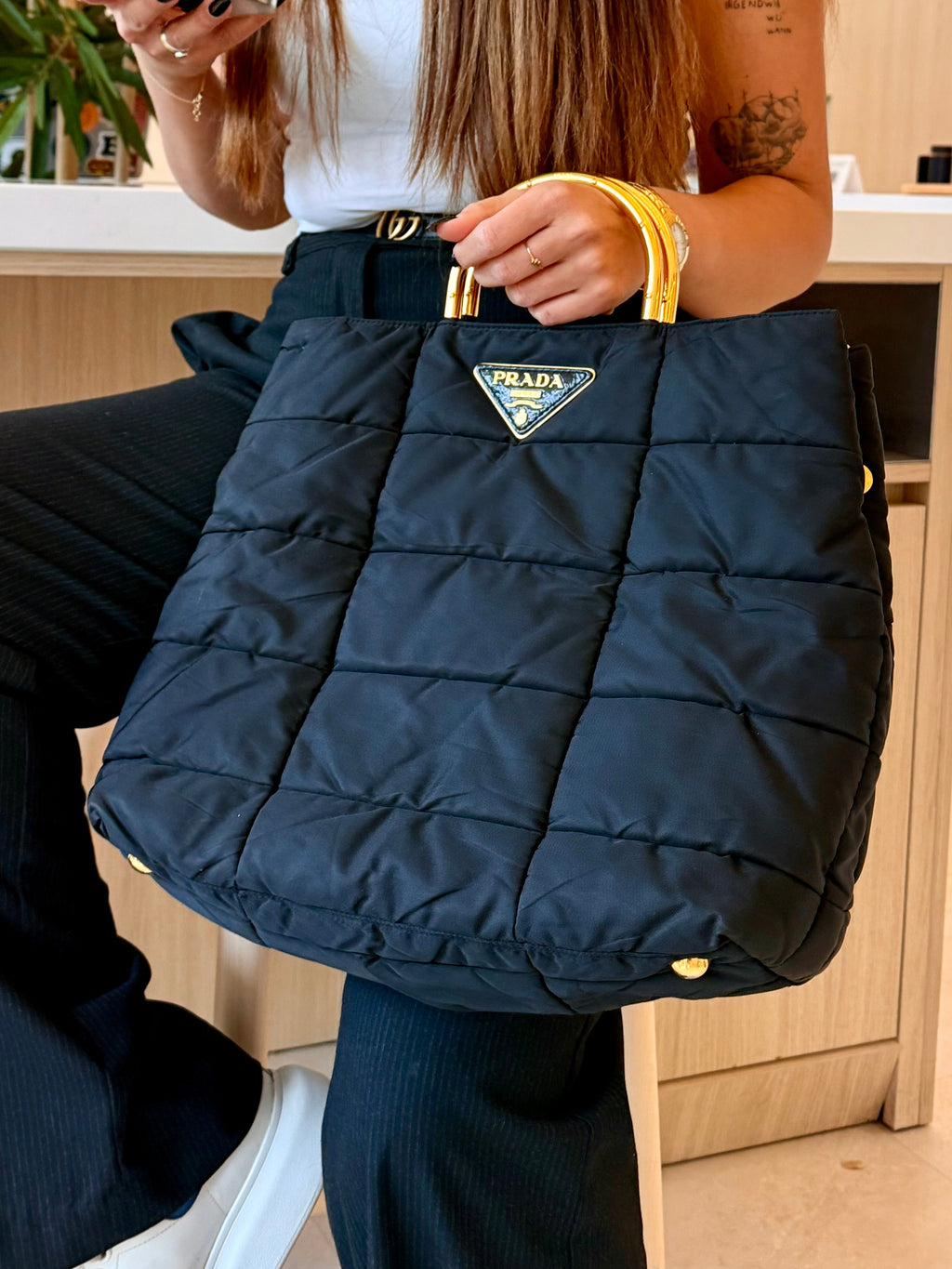 Prada Nylon Padded Tote - Black / Gold