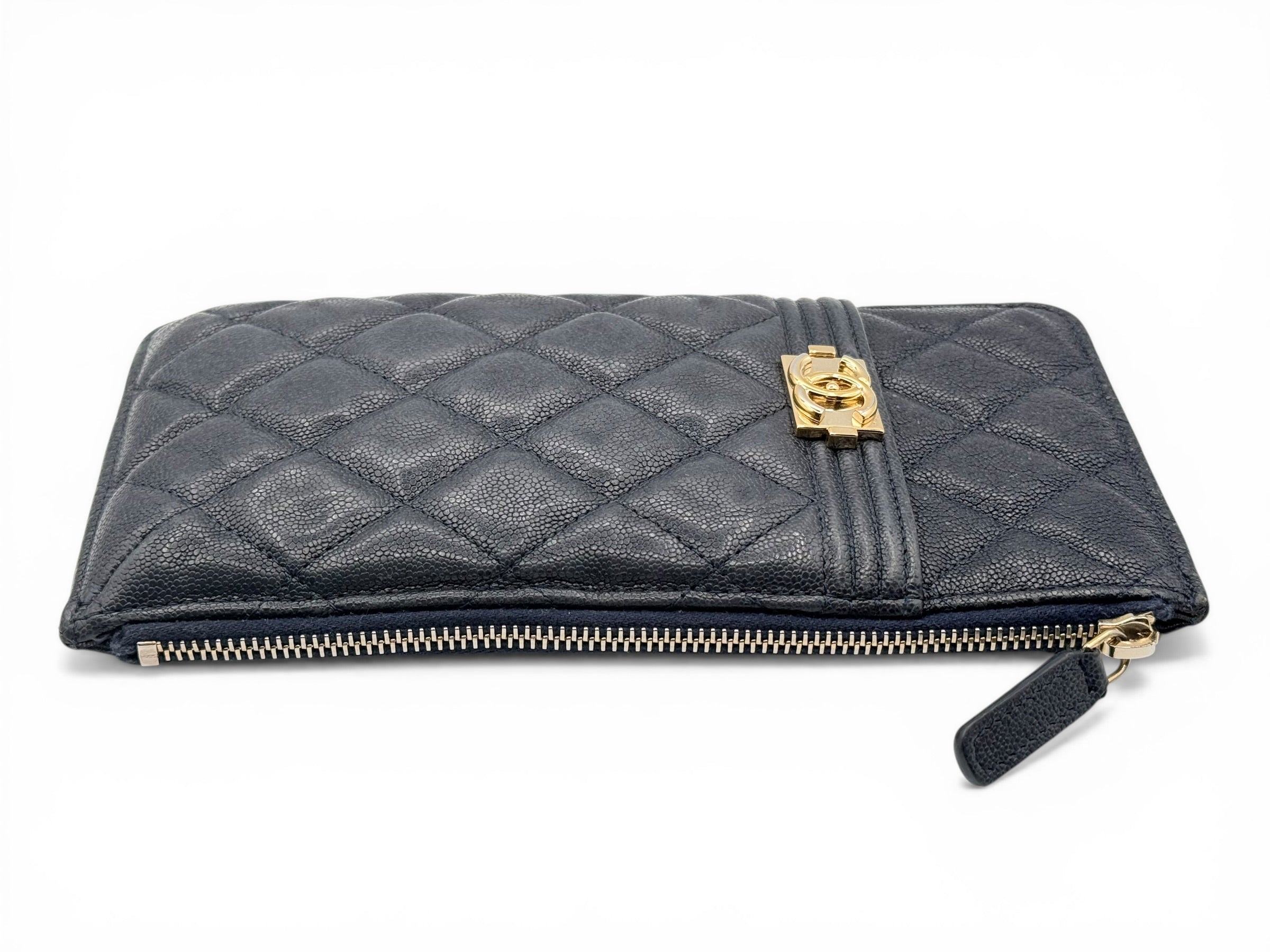 Chanel Boy Wallet – Navy Caviar Leather – Golden Hardware