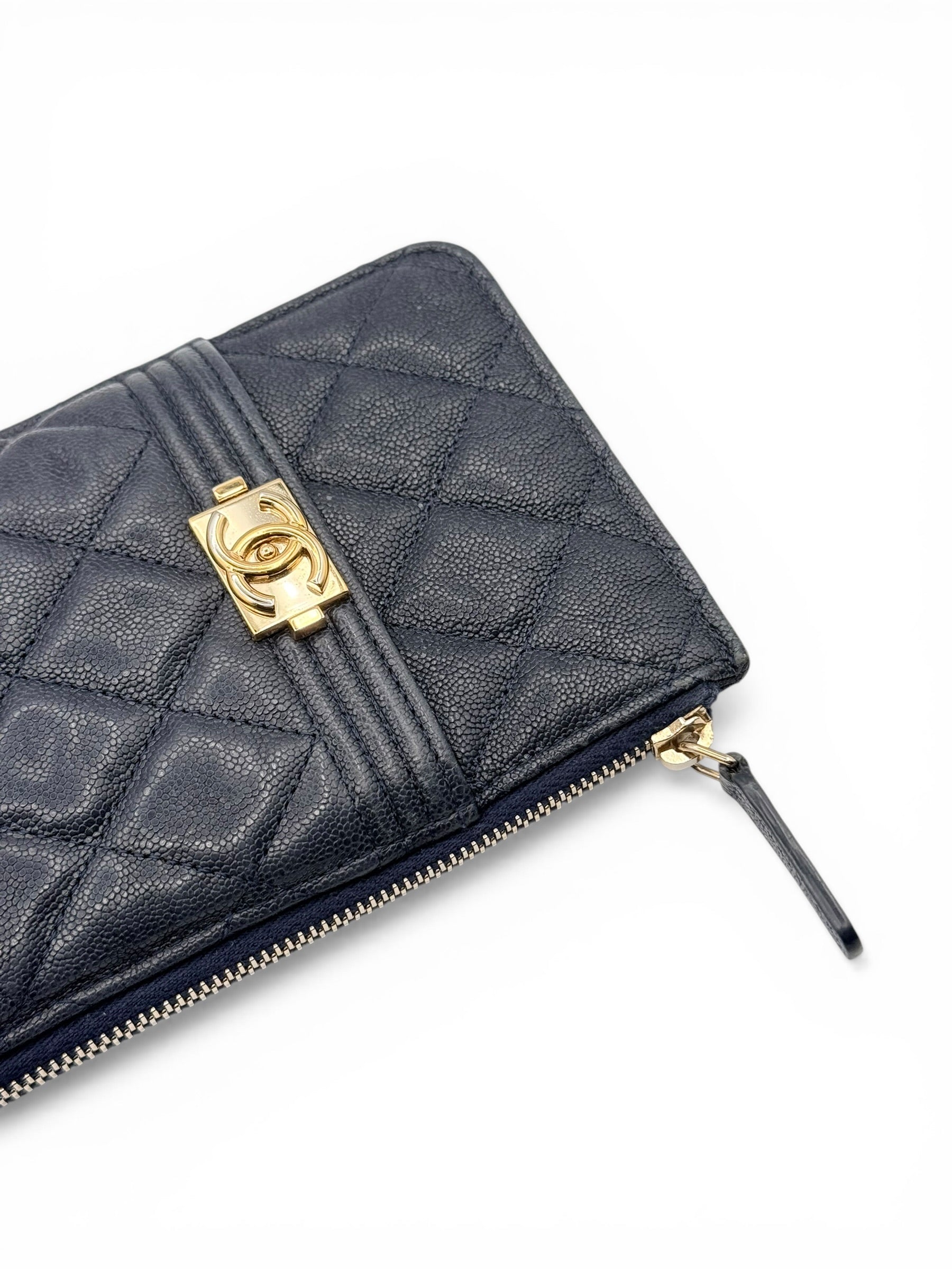 Chanel Boy Wallet – Navy Caviar Leather – Golden Hardware