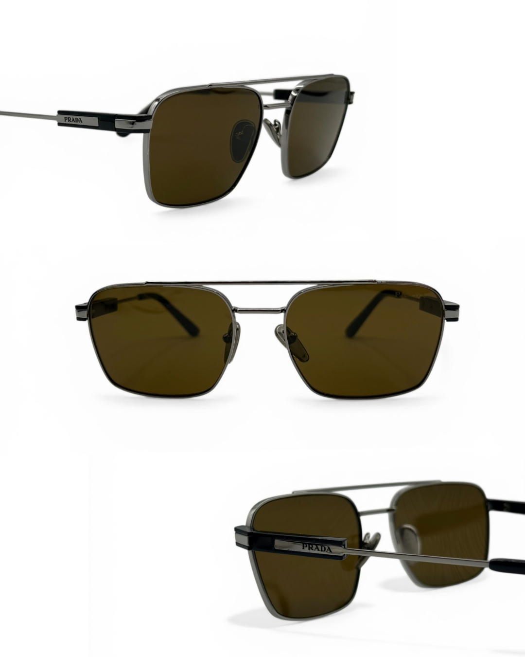 Prada Rectangular Aviator Sunglasses – Metal Frame – Brown Gradient Lens
