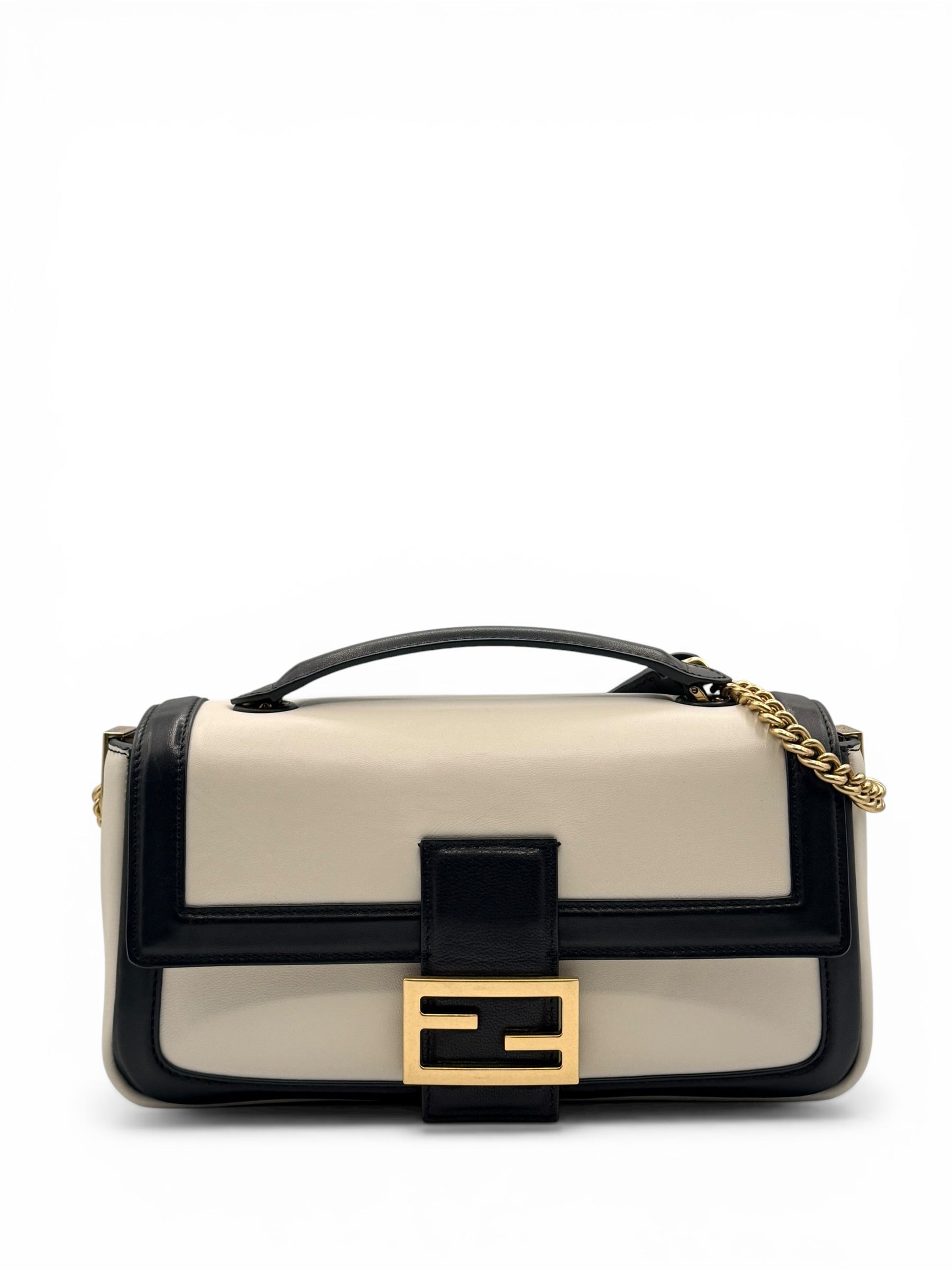 Fendi Midi Baguette – Cream Black Nappa Leather – Karl Lagerfeld Era