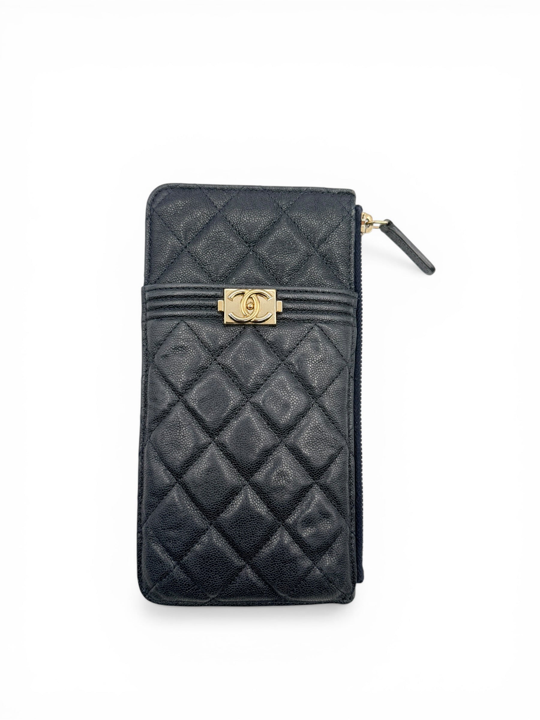 Chanel Boy Wallet – Navy Caviar Leather – Golden Hardware