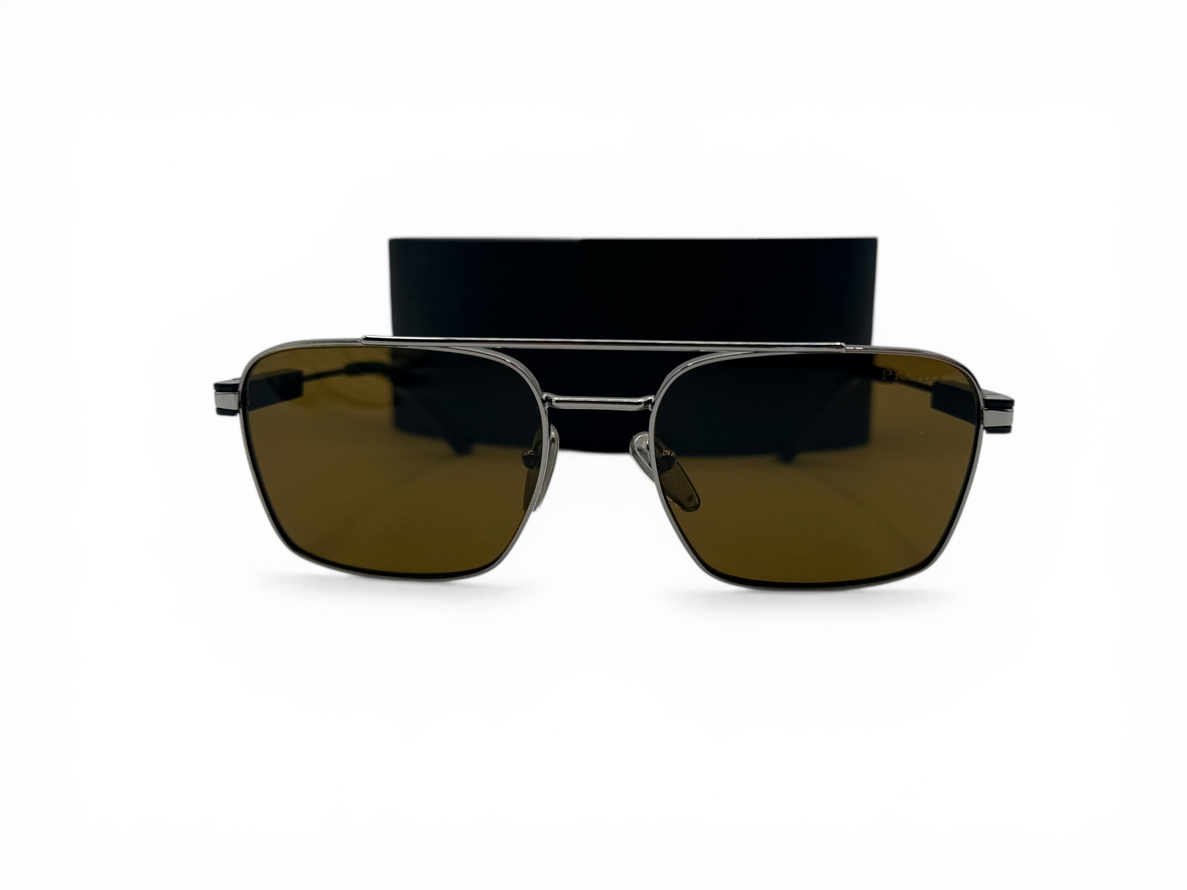 Prada Rectangular Aviator Sunglasses – Metal Frame – Brown Gradient Lens