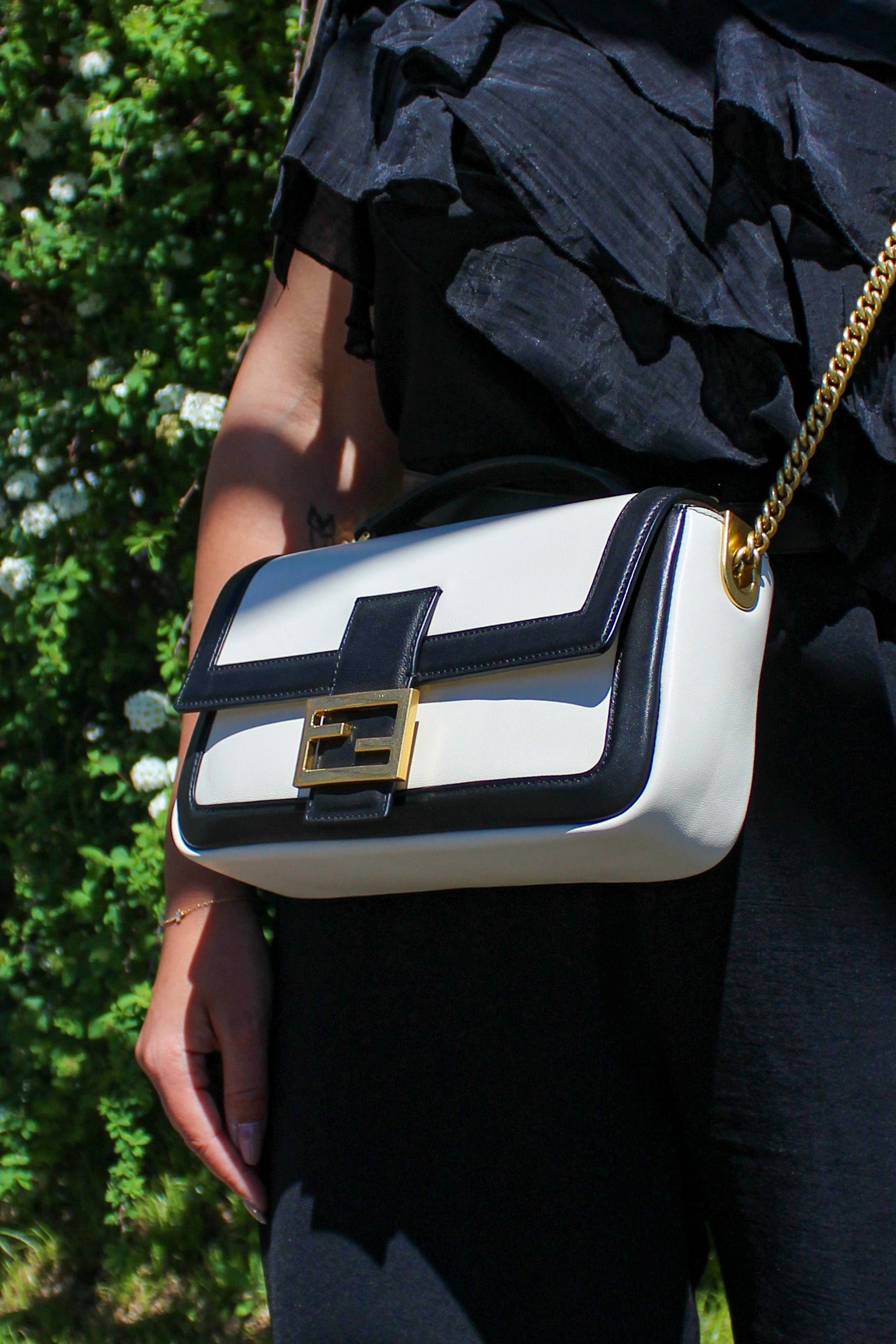 Fendi Midi Baguette – Cream Black Nappa Leather – Karl Lagerfeld Era
