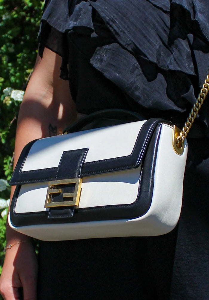 Fendi Midi Baguette – Cream Black Nappa Leather – Karl Lagerfeld Era LUXVINTAGELISBON