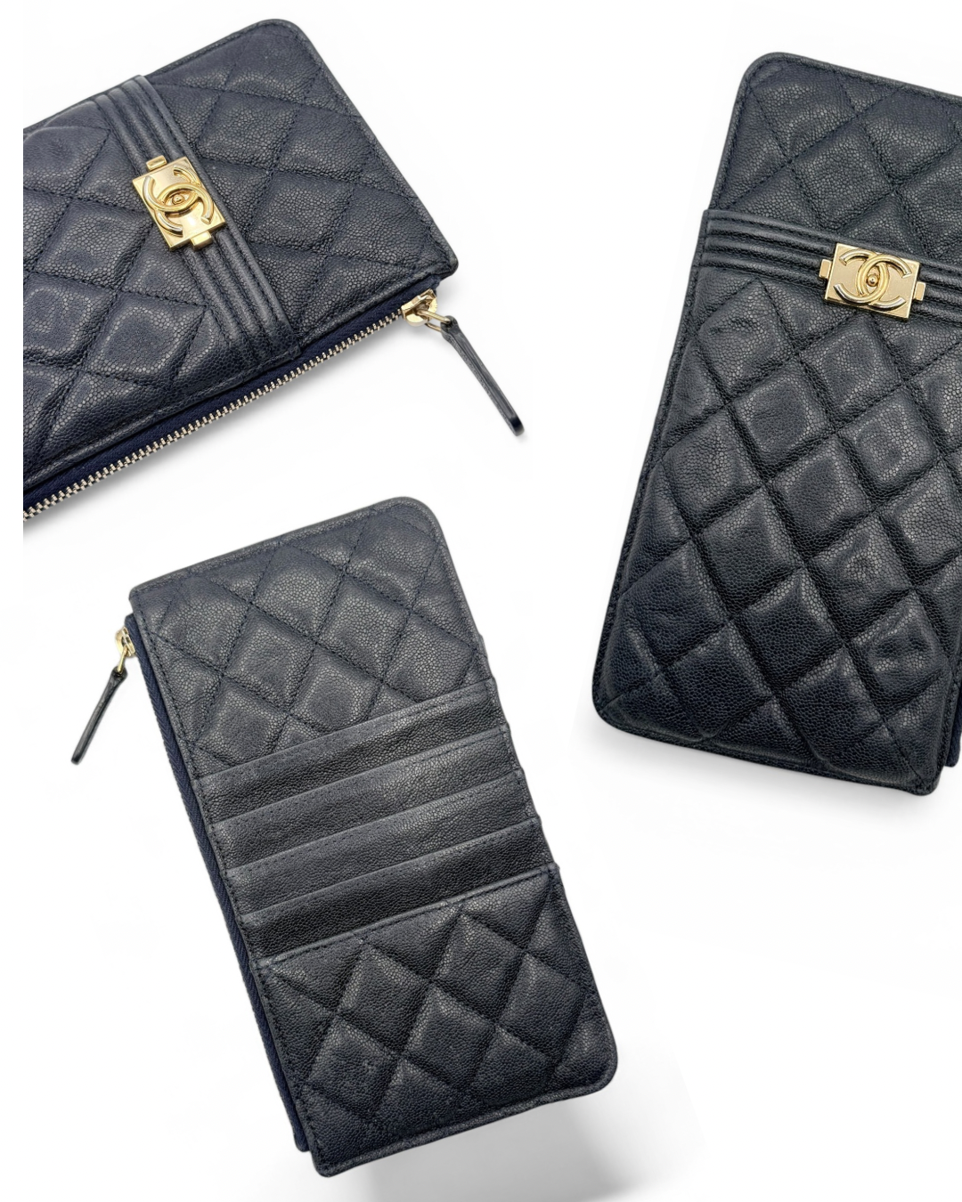 Chanel Boy Wallet – Navy Caviar Leather – Golden Hardware